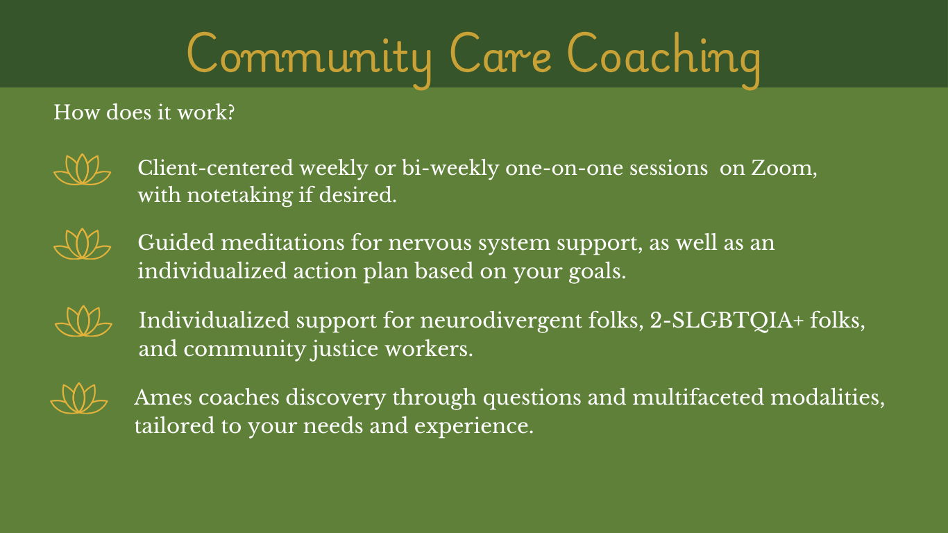Green flyer titled 'Community Care Coaching' with sections explaining how the coaching works, including client sessions, guided meditations, personalized support, and discovery with questions, framed by lotus flower icons.