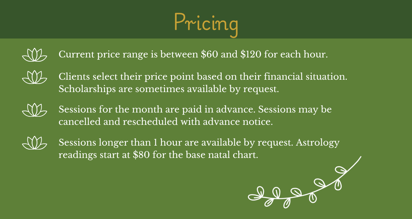 Pricing information on a green background with white leaf icons and a decorative vine at the bottom. Details include price range, client options, session payment rules, and astrology readings pricing.
