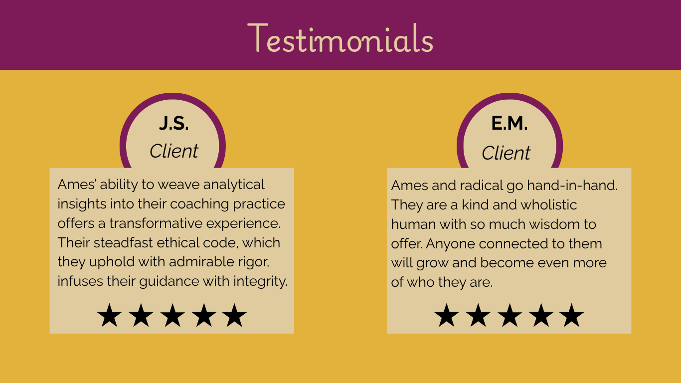 Testimonial section with two client reviews: J.S. highlights transformative coaching experience rooted in strong ethics, rated five stars. E.M. praises holistic, wise guidance, also rated five stars. Background colors are purple and mustard with circular icons and starred ratings.