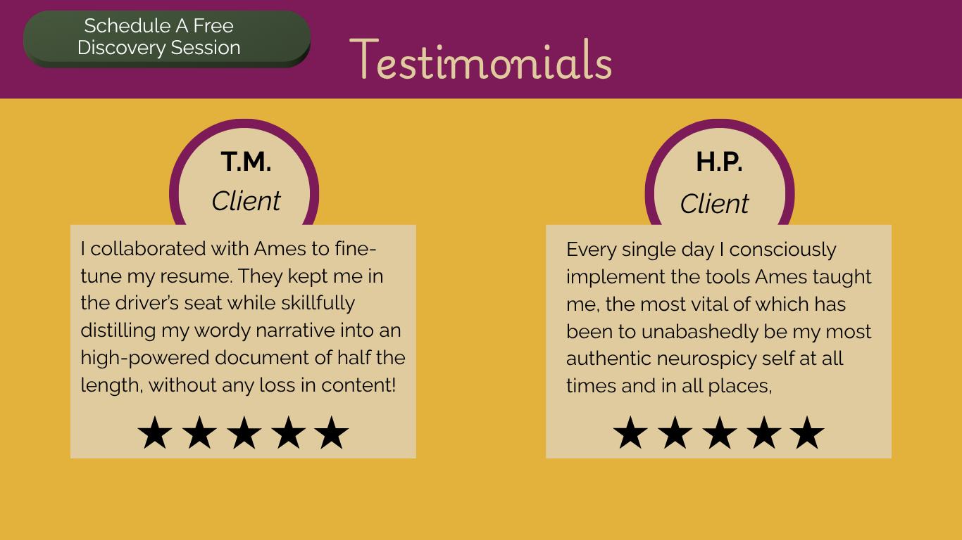 A graphic divided into three sections. The top section has a dark green oval with white text that says "Schedule A Free Discovery Session." The middle section has a purple background with the word "Testimonials" in large, off-white text. The bottom section is divided into two columns with beige backgrounds. Each column has a purple-circled heading with initials "T.M." and "H.P." labeled as "Client." Below each heading, there are testimonial texts and a row of six black stars.