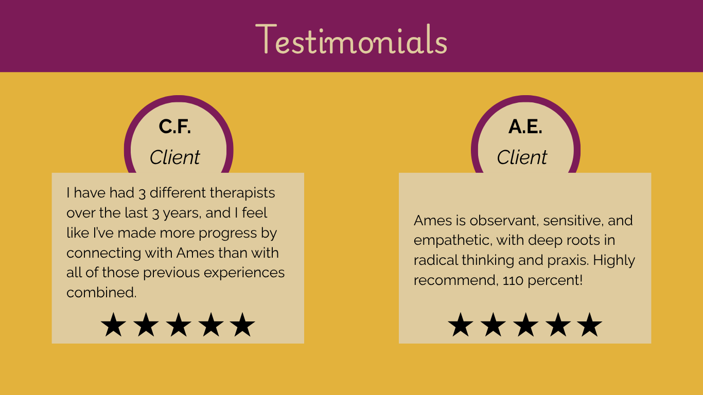Testimonials page with two client reviews, one from C.F. and one from A.E., each with five-star ratings.