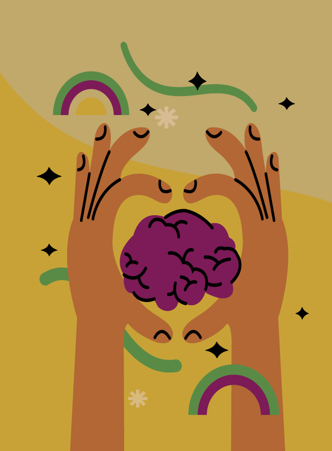 Two hands forming a heart shape around a purple brain with a yellow background, decorated with rainbows, stars, and swirling elements.
