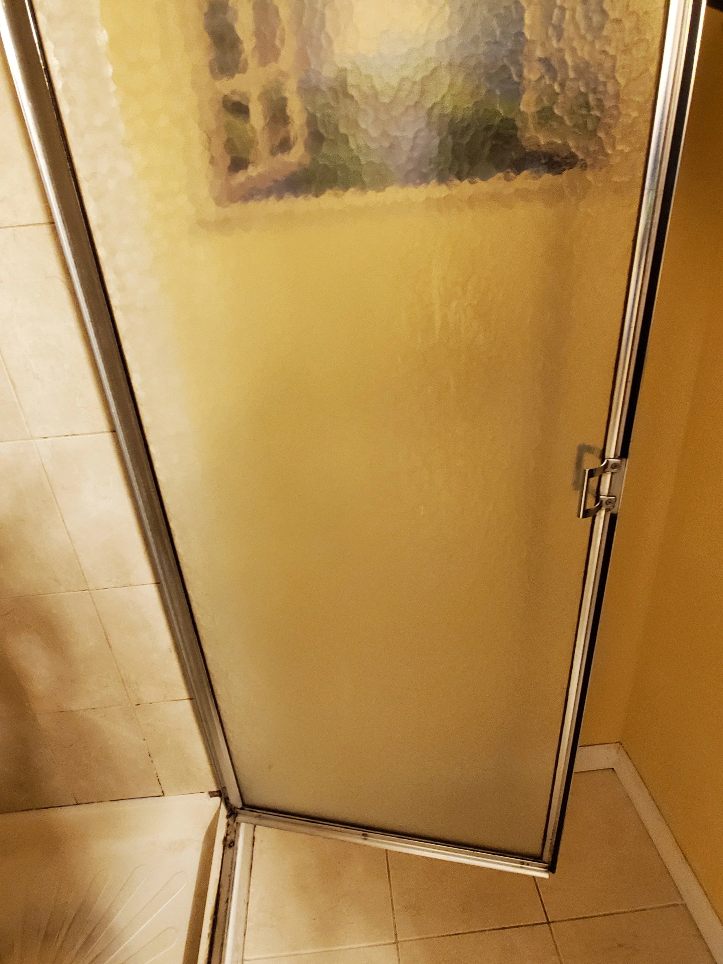 Shower door frame and depicting mildew - BEFORE CLEANING