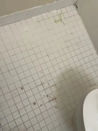 Bathroom floor with dirty stains and a toilet.