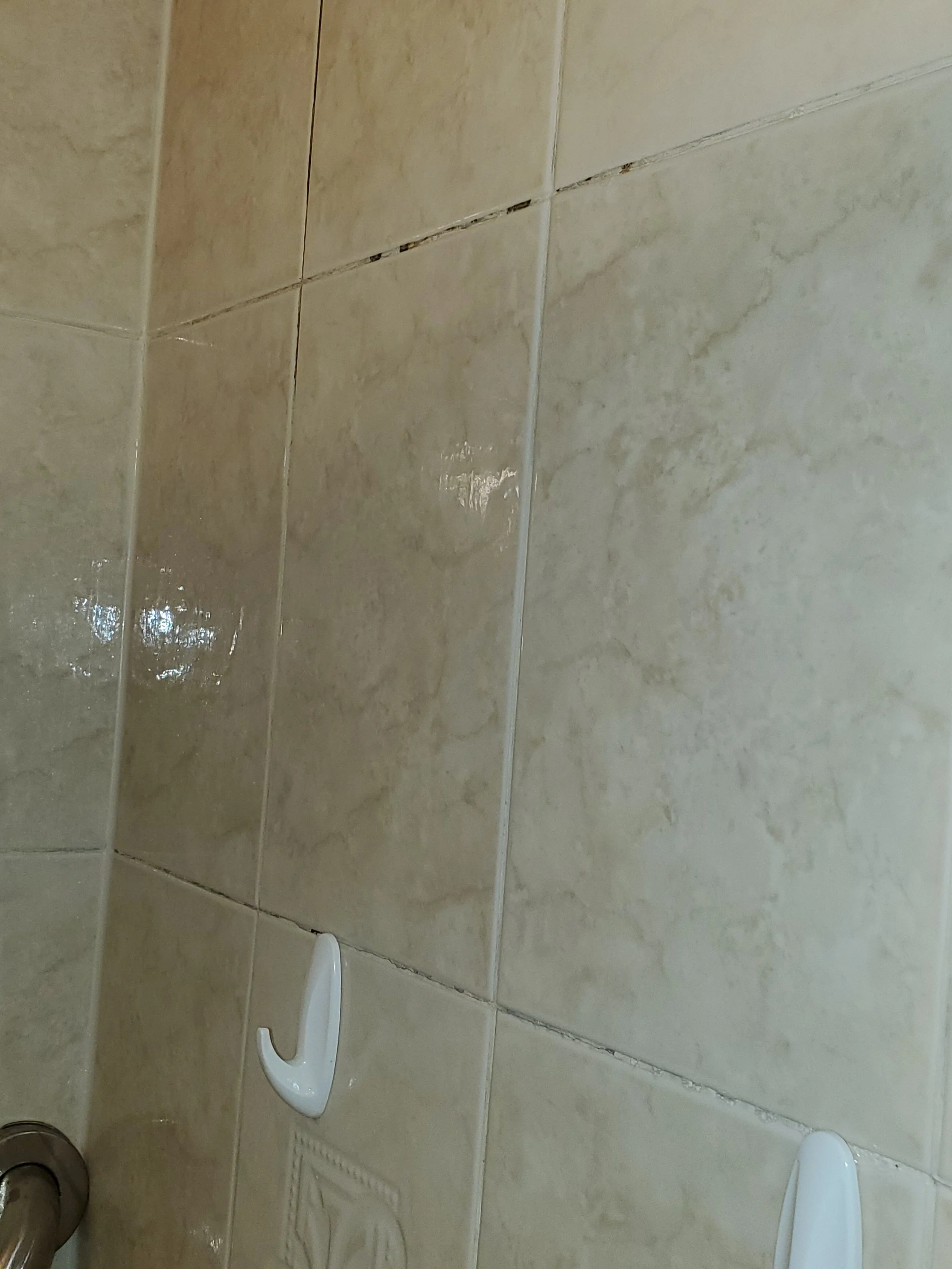 Bathroom beige tiled wall with a white urinal and a silver flush valve.