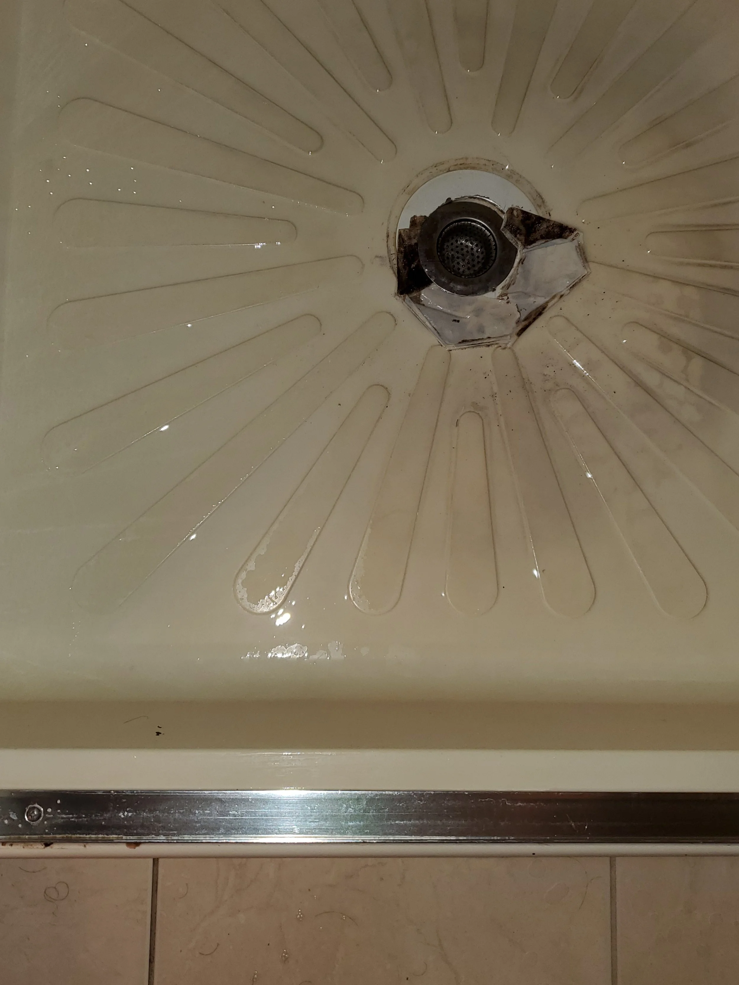 Close-up of shower drain - BEFORE CLEANING
