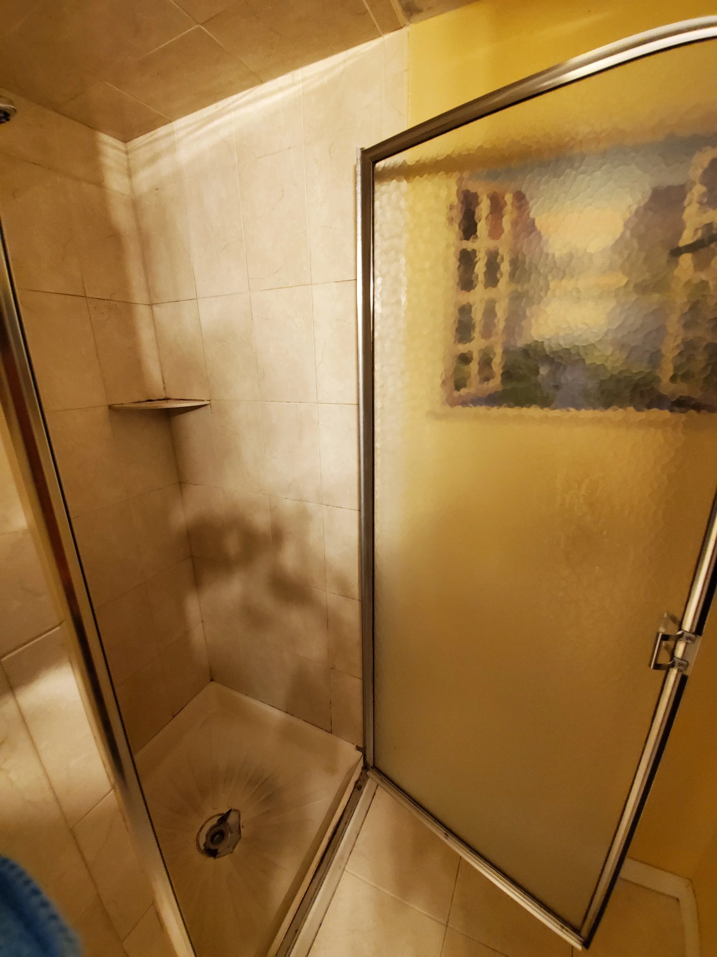 Shower floor depicting wear and debris - BEFORE CLEANING