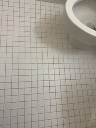 Close-up of a white toilet in a restroom with small white tiled floor.