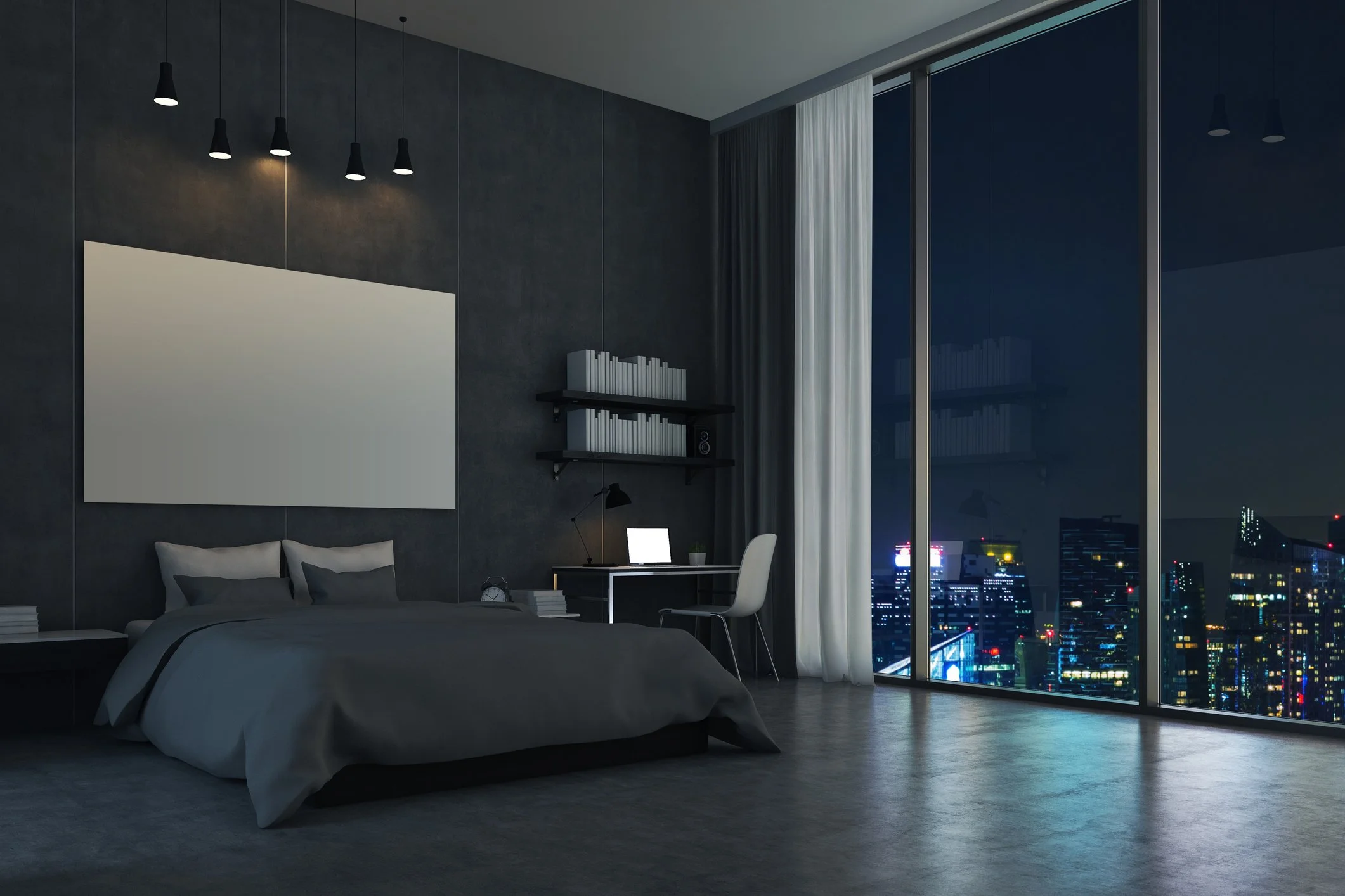 Modern bedroom with a large window showing a city skyline at night, a bed with gray bedding, a desk with a white chair, and a wall-mounted shelf with books.