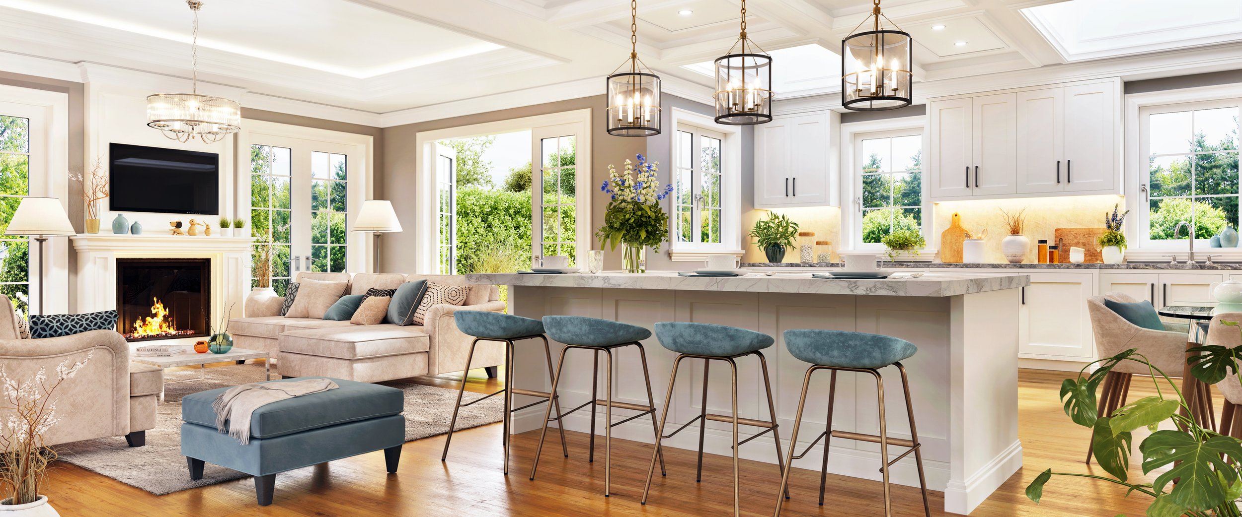 Bright open-concept living room and kitchen with large windows, white cabinetry, marble island, and modern decor.