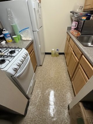 Small kitchen with white refrigerator, gas stove, wooden cabinets, and a sink, with various kitchen items on the countertops.