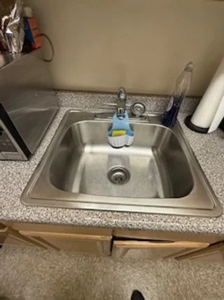 Kitchen sink with a blue and yellow sponge holder, a soap dispenser, and paper towels on the countertop.
