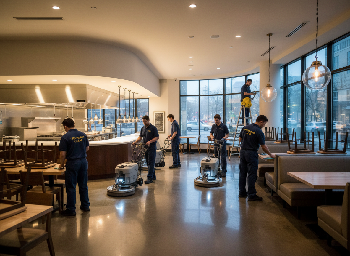 Cleaning staff vacuuming and wiping tables in a restaurant during cleaning.