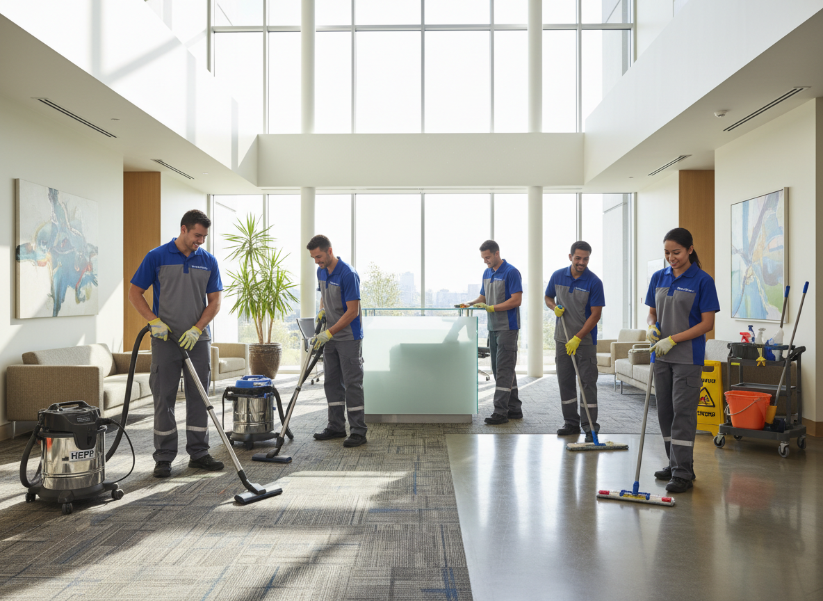 Group of five cleaning professionals vacuuming and mopping a carpeted office lounge area with couches and large windows.