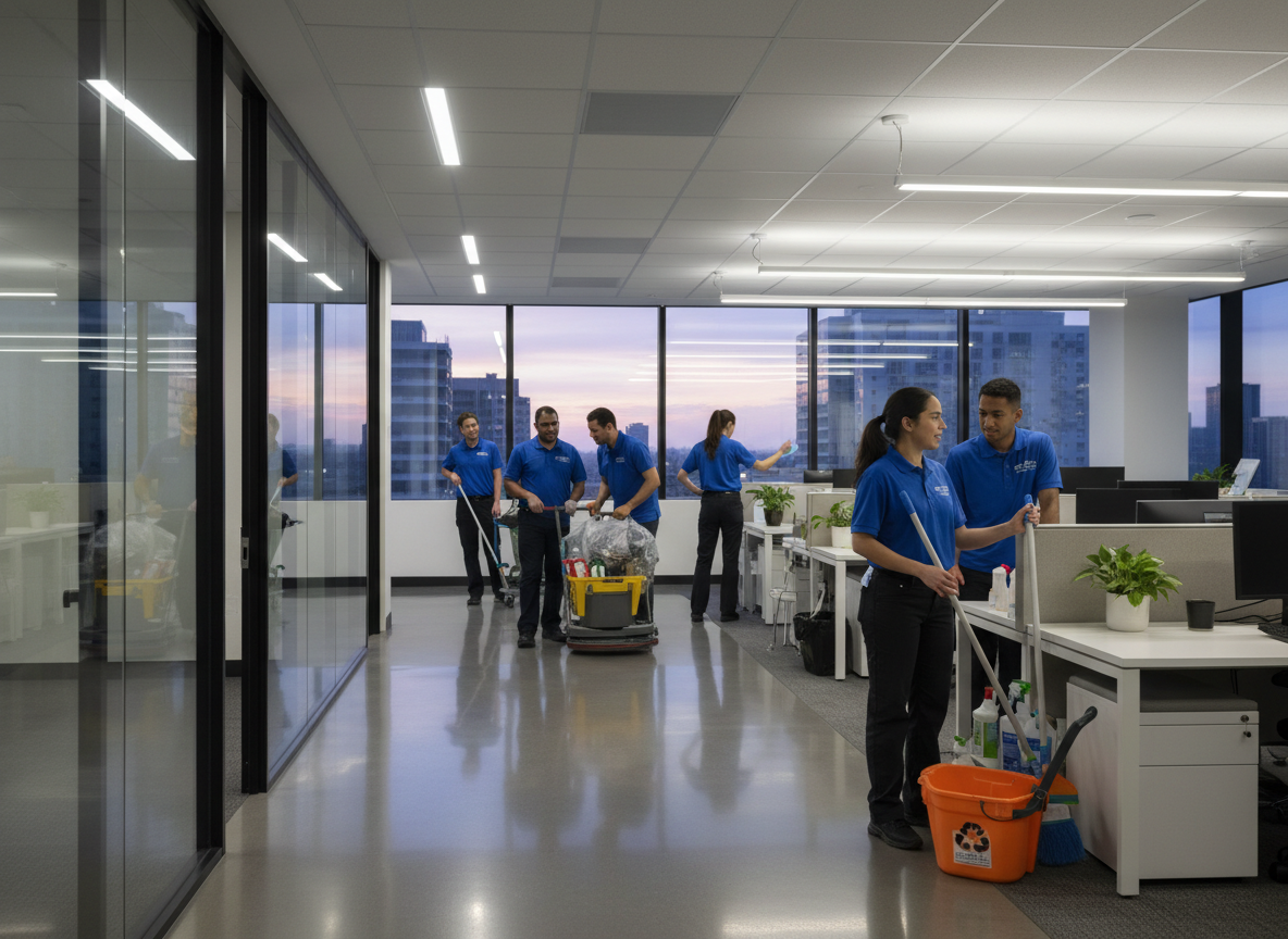 Office cleaning crew dressed in blue uniforms cleaning and organizing the office space with windows showing city buildings in the background.