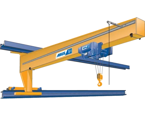 Immagine di un braccio elevatore con capacità di 5 tonnellate, giallo e blu, utilizzato per sollevare carichi pesanti.