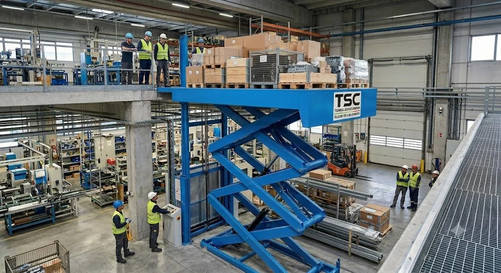 Interno di una fabbrica con operai che indossano caschi e giubbotti di sicurezza, alcune persone osservano da una piattaforma sopraelevata, presenza di scaffali con materiali e di un elevatore a forbice blu che trasporta scatole in un'area di stoccaggio.