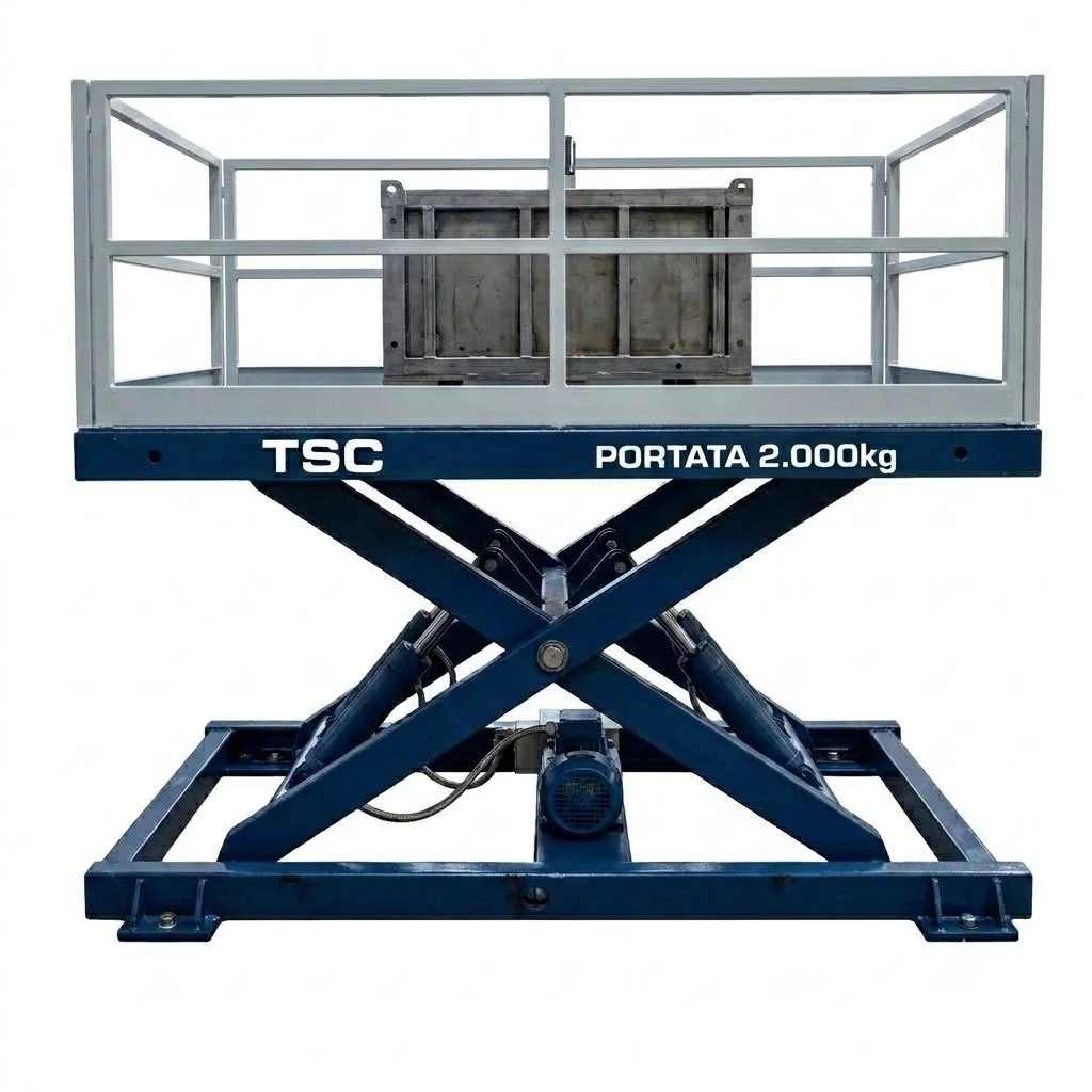 Piattaforma elevatrice con capacità di carico di 2000 kg, colorata in blu e bianco, senza persone o oggetti sulla piattaforma.