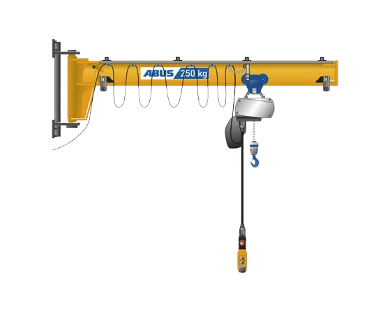 Schema di un sistema di sollevamento con gru a ponte e carrello, con una capacità di 250 kg, utilizzata per movimentare merci in un magazzino.