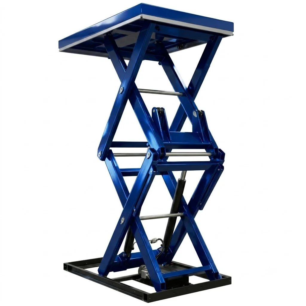 Piattaforma di sollevamento a forbice di colore blu con base nera.