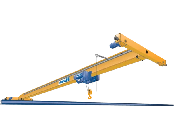 Un carroponte giallo con braccio telescopico blu e gancio di sollevamento, usato per movimentare carichi pesanti.