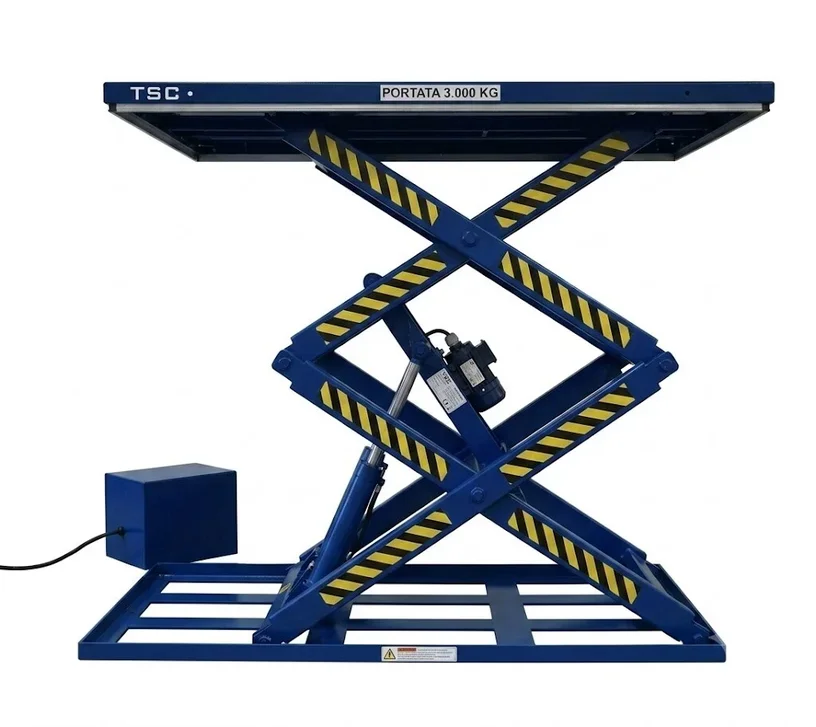 Piattaforma elevatrice in metallo blu con capacità di carico di 3000 kg, dotata di motore elettrico, con superficie di lavoro piatta e sistema di sollevamento a scissor.