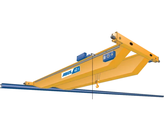 Carroponte giallo con capacità di 40 tonnellate, marca ABUS, utilizzato per sollevare e trasportare carichi pesanti.