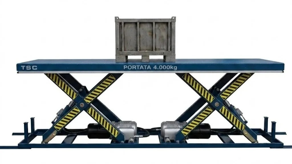 Piattaforma elevatrice con capacità di 4000 kg, con un contenitore di metallo sopra.