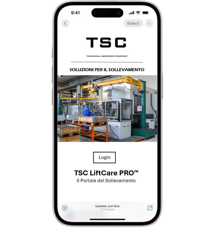 Schermata di un'app mobile per una società di servizi tecnici, con immagine di un ambiente industriale con macchinari e un operatore, titolo TSC, e pulsante di login.