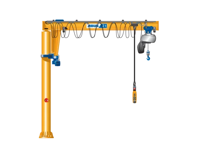 Un ponteggio articolato giallo con struttura di sostegno e un sistema di controllo remoto, usato per sollevare e abbassare carichi.