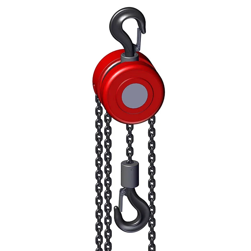 Dispositivo di sollevamento a catena con gancio, rosso, con catene nere.