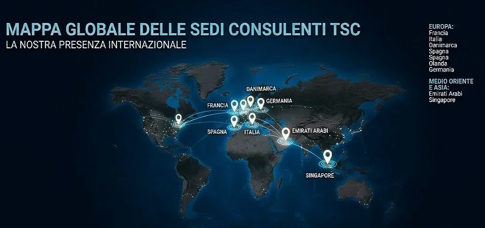 Mappa del mondo con sedi di consulenti TSC in varie nazioni, tra cui Francia, Italia, Danimarca, Spagna, Emirati Arabi, Singapore e Germania.