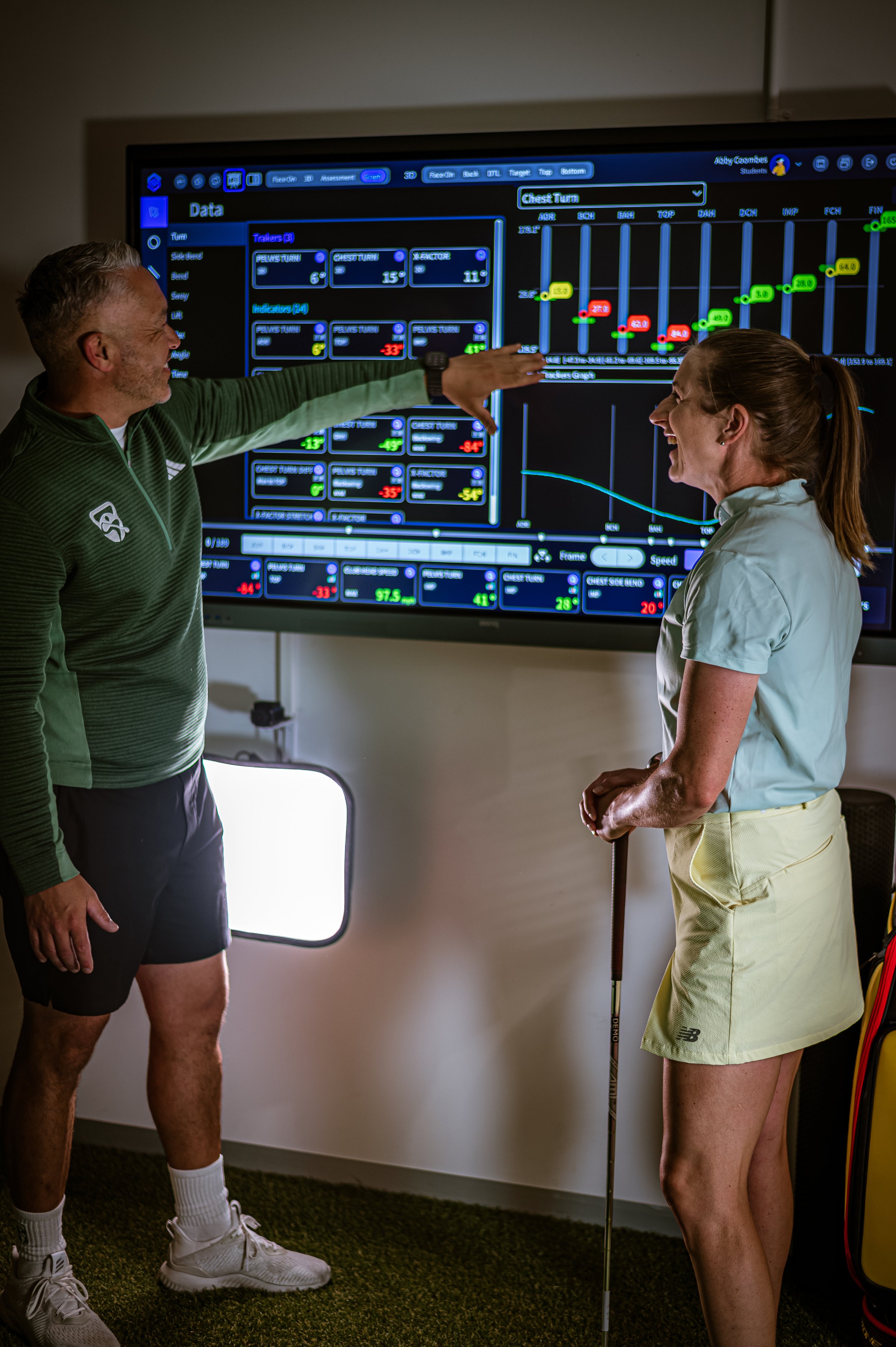 Two people, a man and a woman, are standing in front of a large screen displaying data related to fitness or physical therapy. The man is pointing at the screen, and the woman is smiling. The man is dressed in a green athletic shirt and shorts, while the woman is wearing a light-colored athletic shirt and shorts, holding a golf club.
