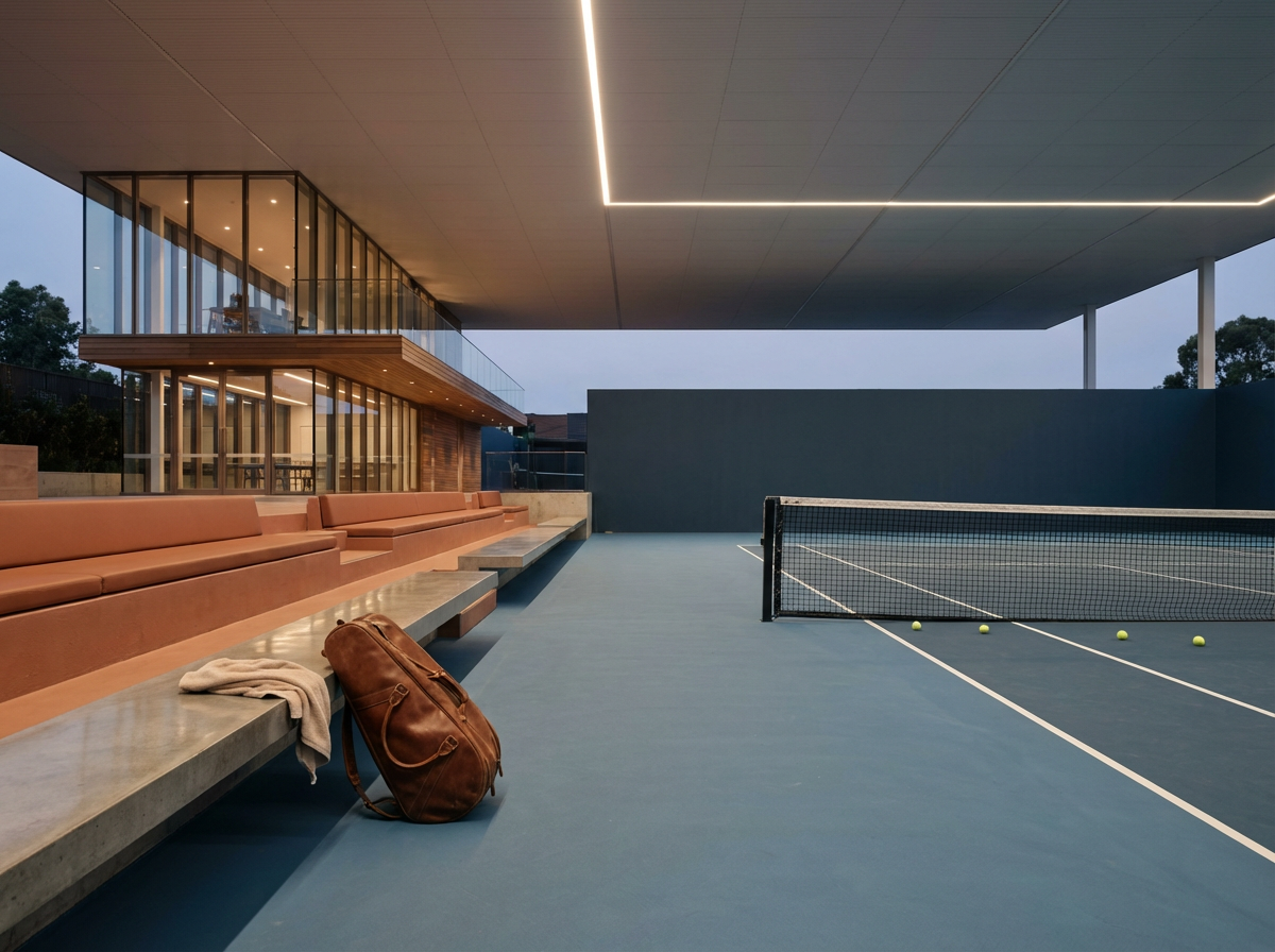 Empty tennis court with a net, tennis balls, and a backpack, located outside a modern building with glass walls and a seating area.