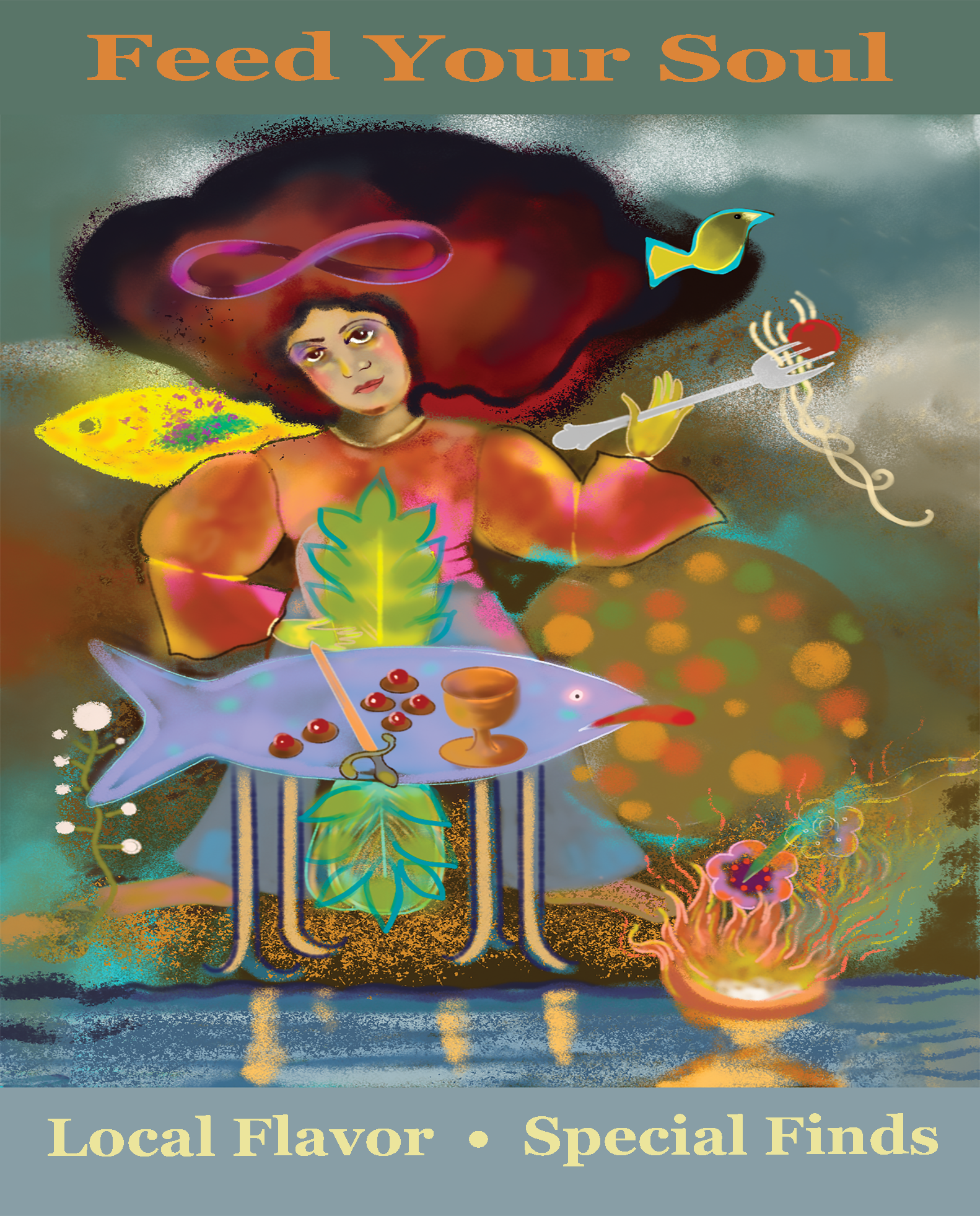 A colorful surrealistic painting by Shauna Crandall depicting the Feed Your Soul Ange. She is the icon representing the passionate pursuit of creating an otherworldly experience for those who savor the gastronomical pleasures of life.