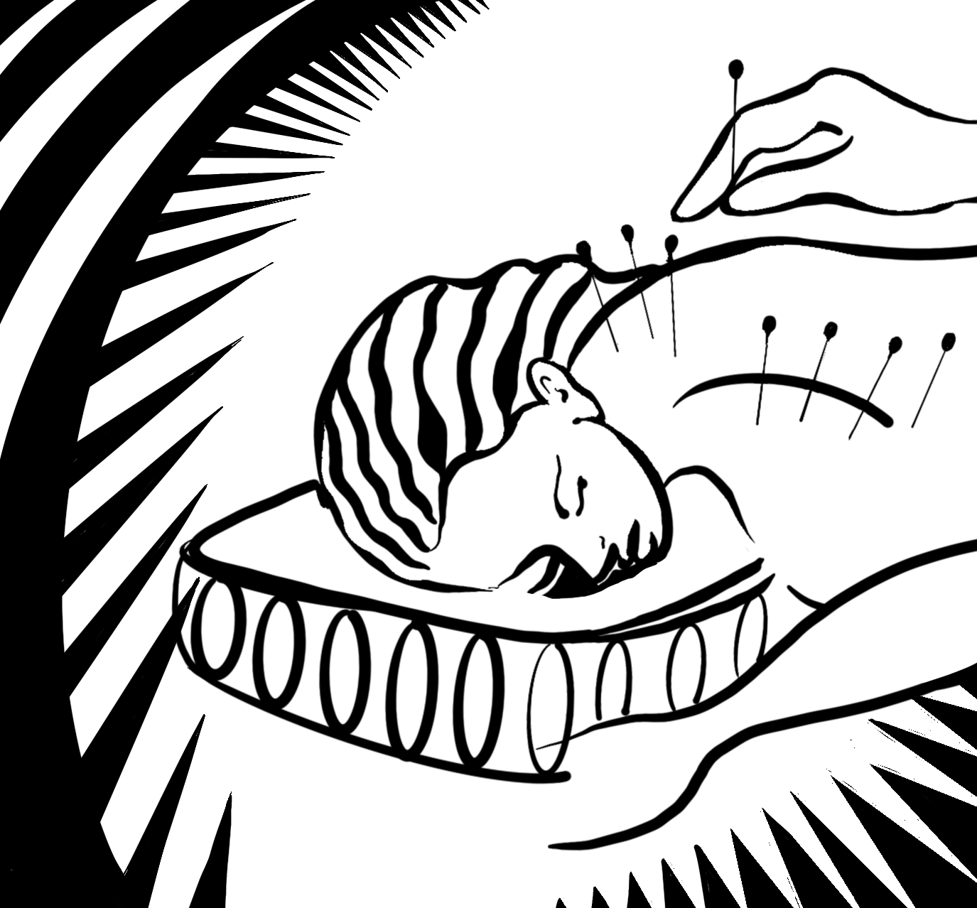 Black and white line drawing of a sleeping child with striped hat, resting on a tray with a patterned edge, surrounded by abstract shapes and lines.