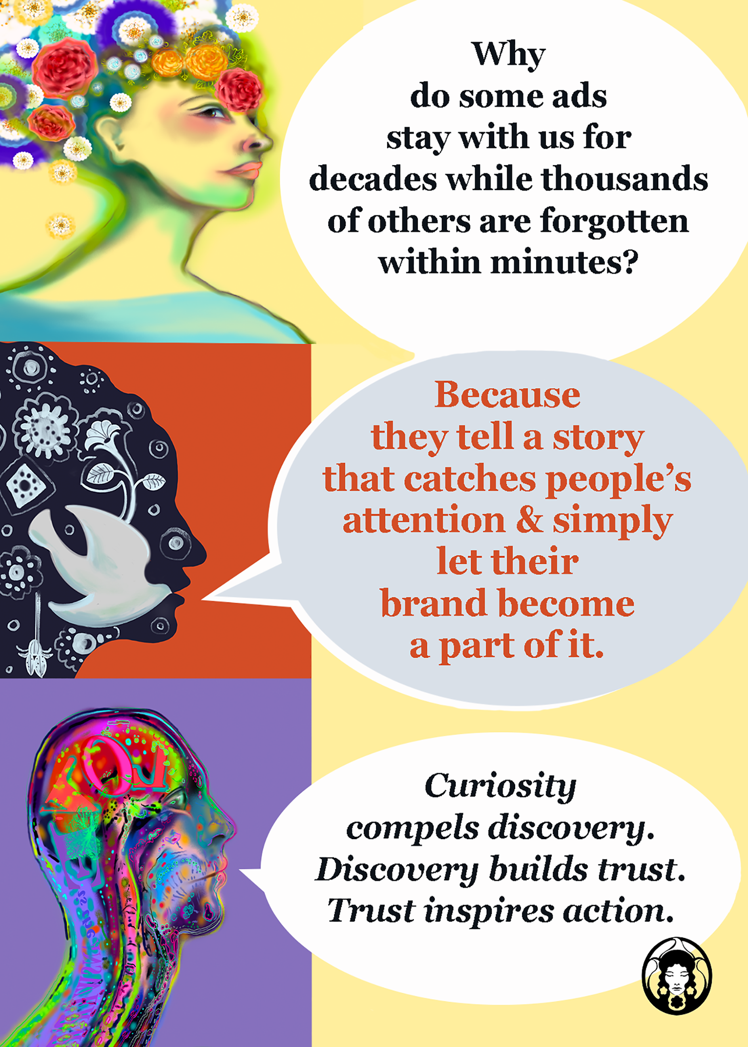 Colorful illustration of a woman with a head full of flowers, next to a silhouette of a female profile with a floral pattern, and a psychedelic pattern of a brain with vibrant colors. The image contains text about advertising, storytelling, and trust.