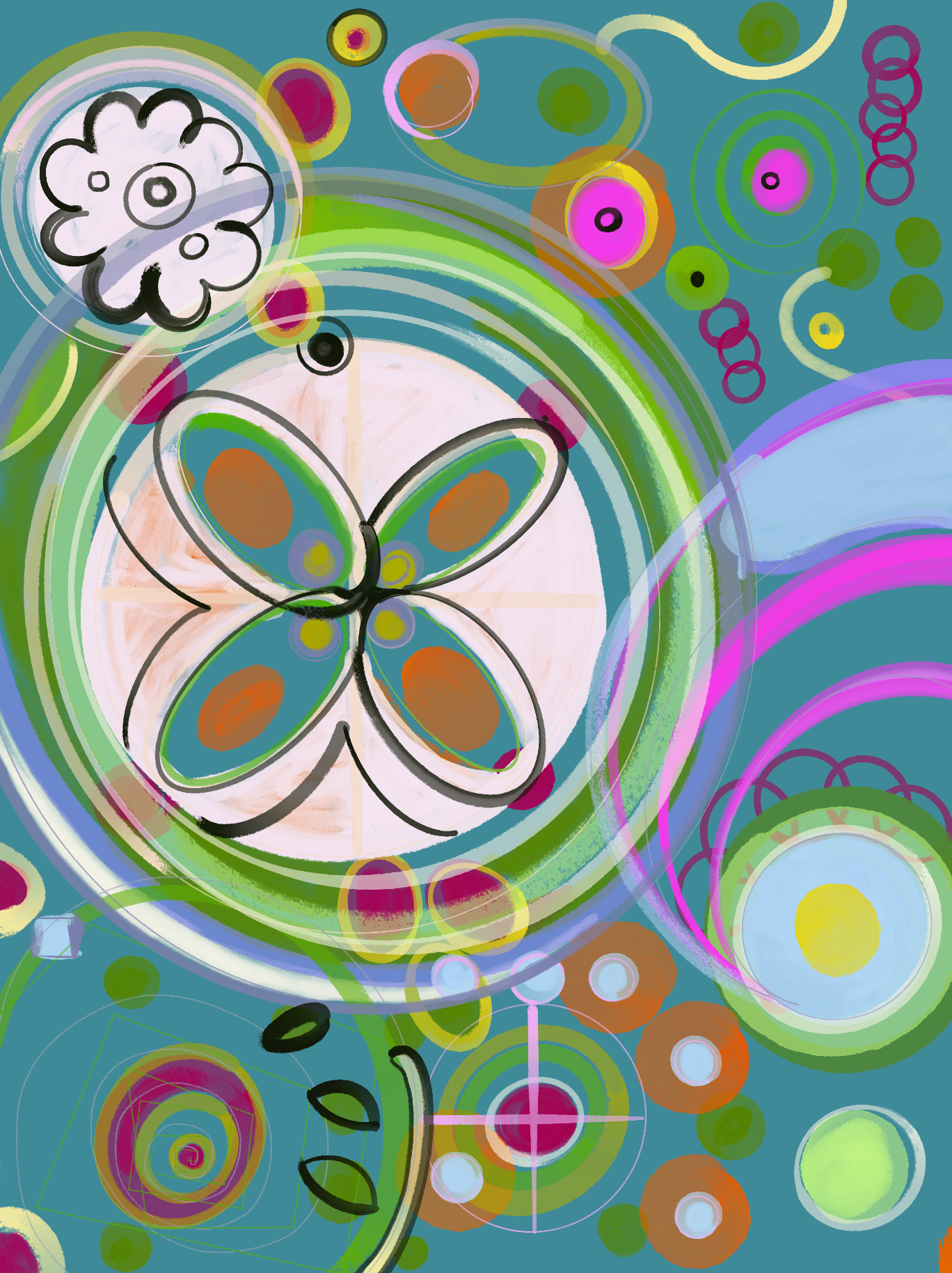 Abstract digital artwork by artist Shauna Crandall for Hestia News featuring colorful circles, spirals, and a prominent butterfly representing the happiness in connecting with people that inspire and lift you up.