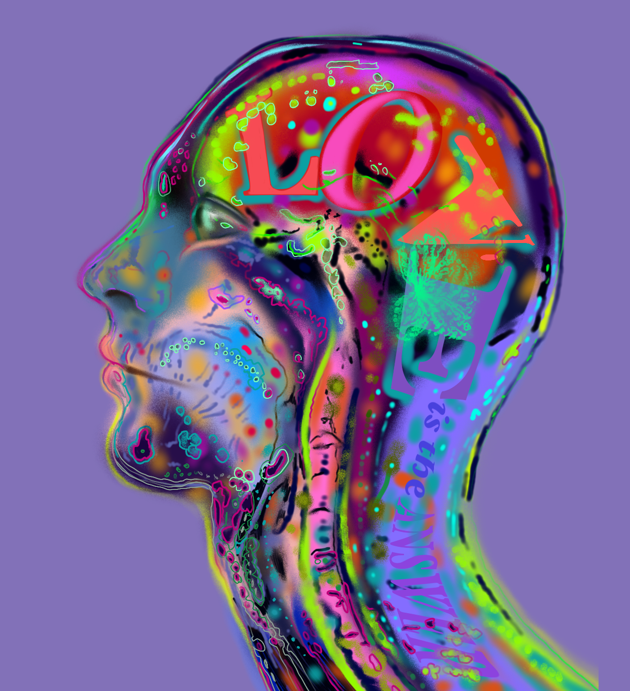 A colorful, abstract digital illustration of a human head in profile with the word 'LOVE is The Answer' inside the skull, surrounded by vibrant patterns and colors on a purple background. He is on the Hestia News website.