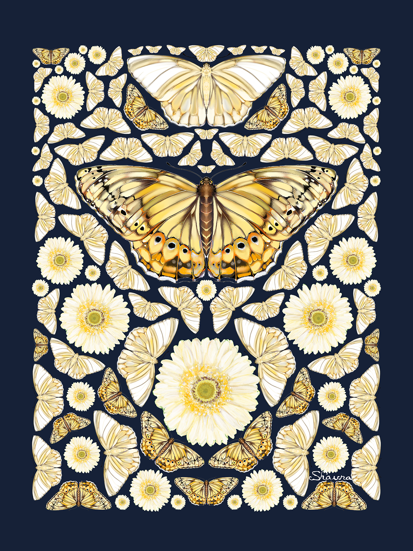 A digital illustration featuring a symmetrical arrangement of yellow and white butterflies and white flowers set against a dark background. Large butterflies are at the top and bottom, surrounded by smaller butterflies and flowers creating a balanced pattern.