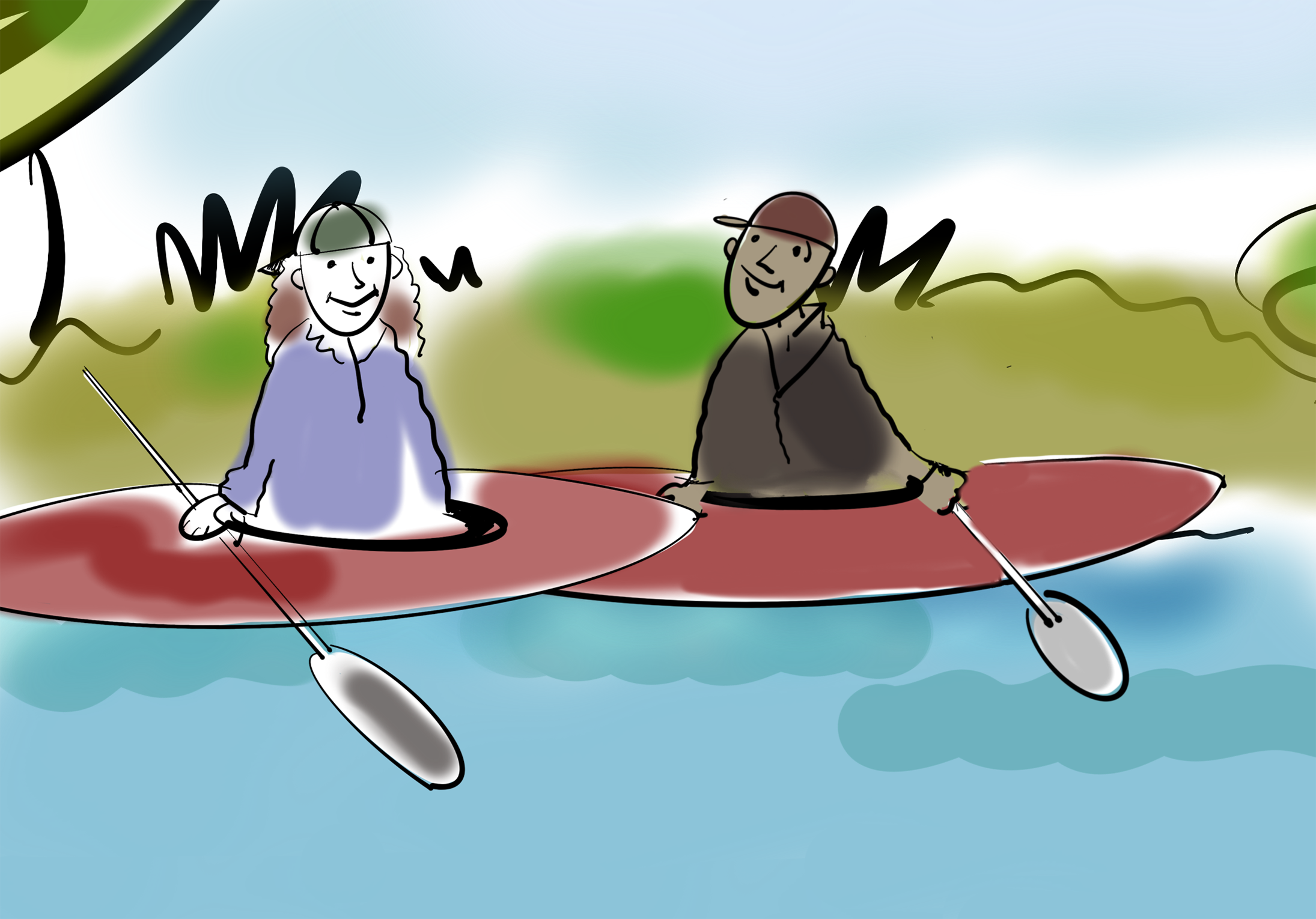 Two people are sitting in kayaks on a body of water with a grassy hill and sky in the background.