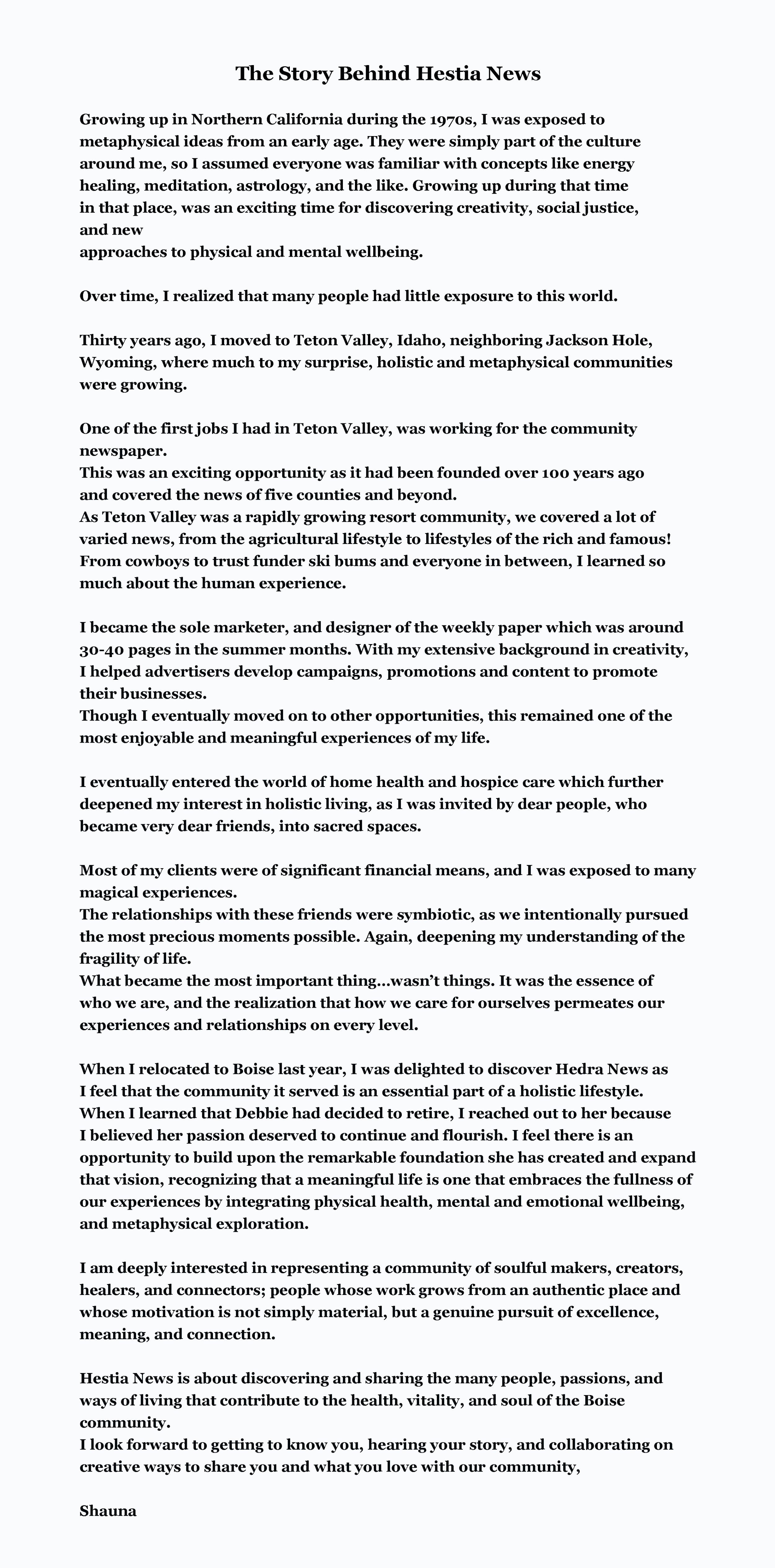 A page of text titled 'The Story Behind Hestia News,' written by Shauna, describing her upbringing in Northern California, move to Idaho, career in journalism, transition to holistic health, and connection to the Boise community.