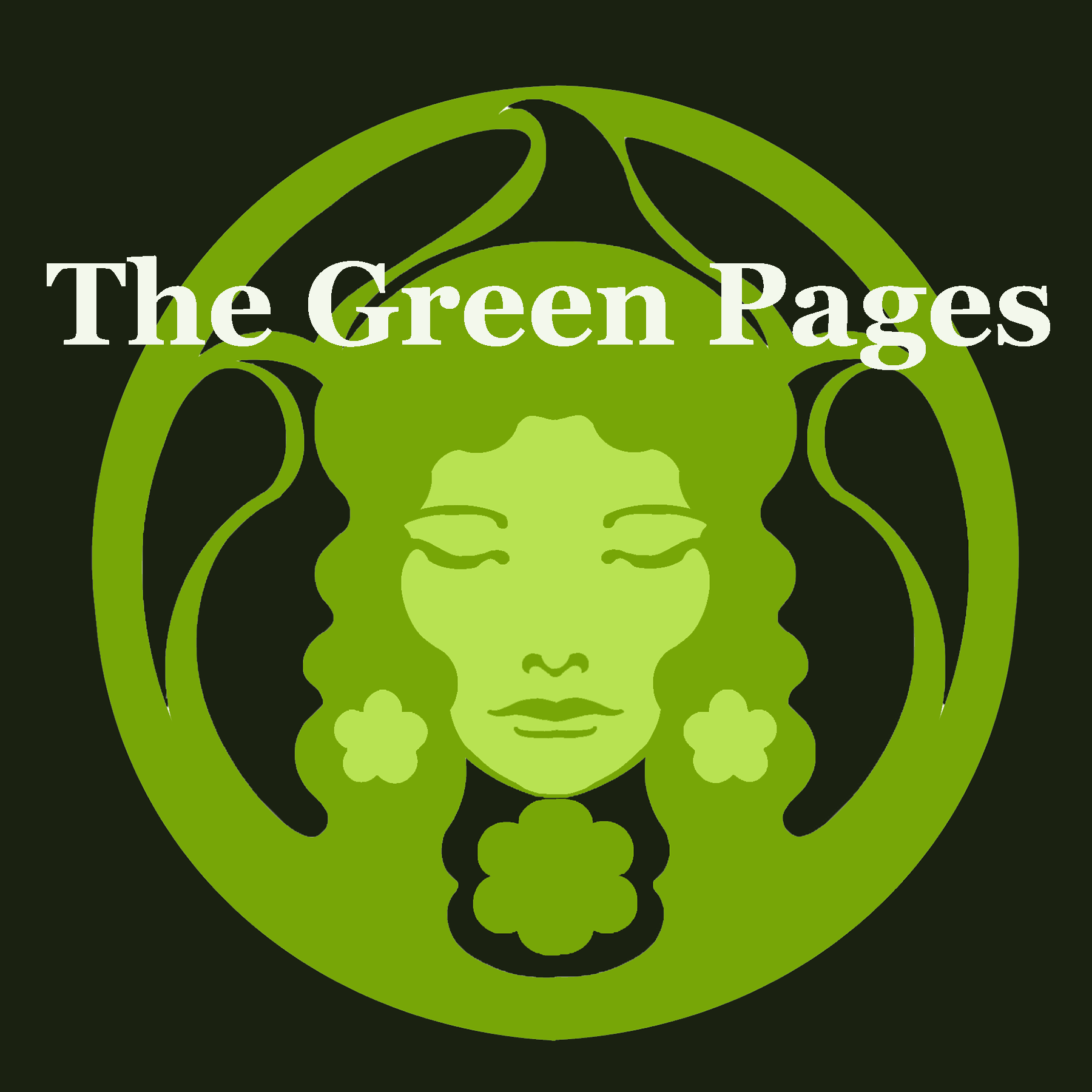 Logo for Hestia News' The Green Pages featuring a stylized green face with closed eyes, surrounded by green accents resembling leaves, against a dark background.