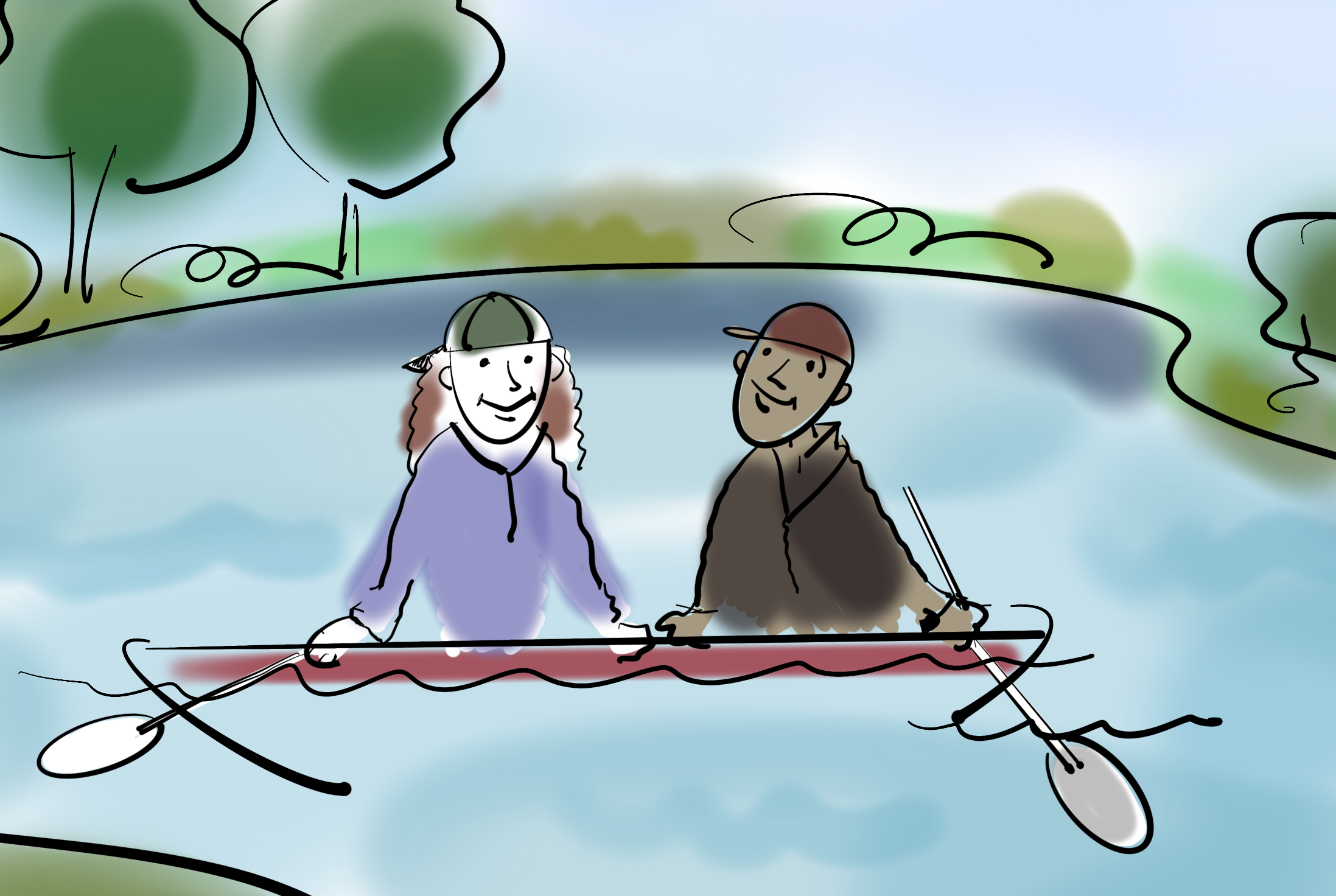 A colorful hand-drawn illustration of two people kayaking on a river, with trees and sky in the background.