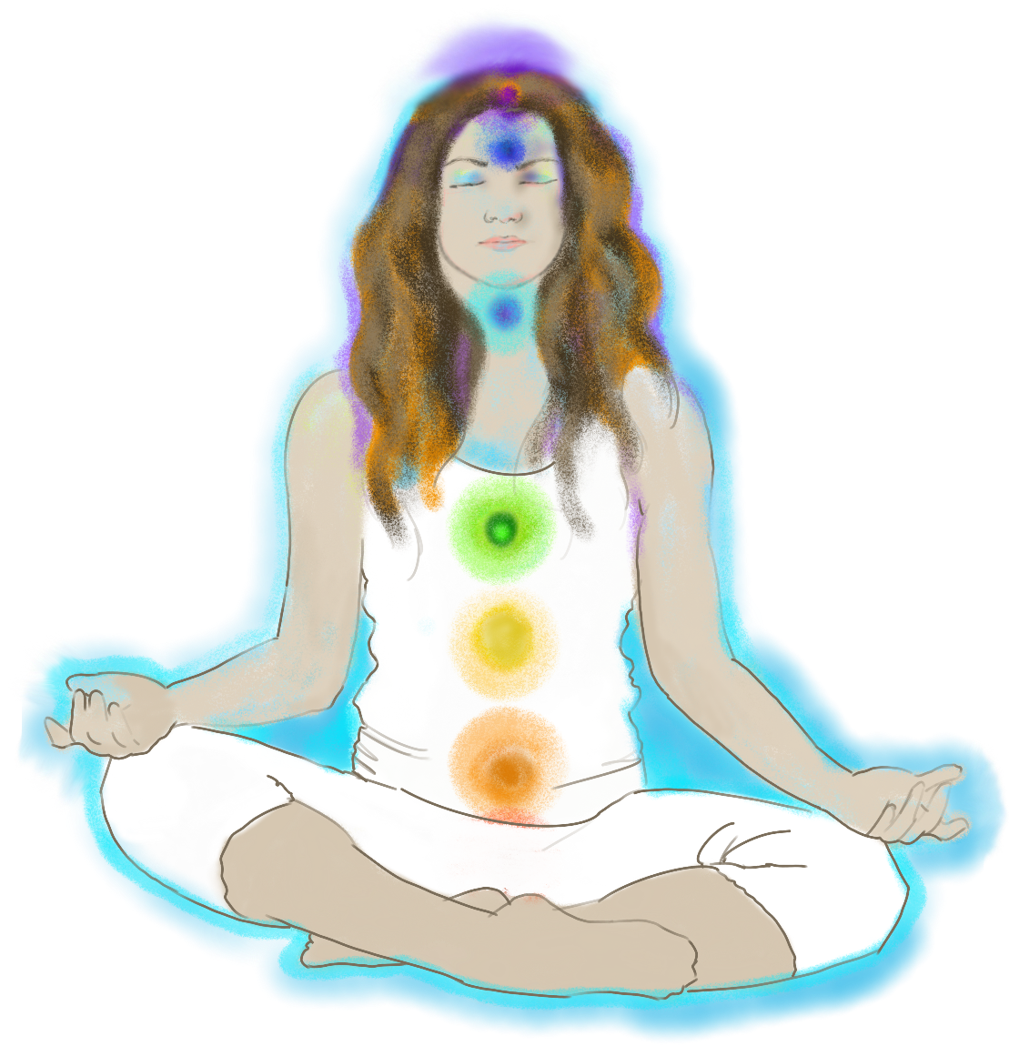 Chakras illuminate a woman in white that is meditatiing.