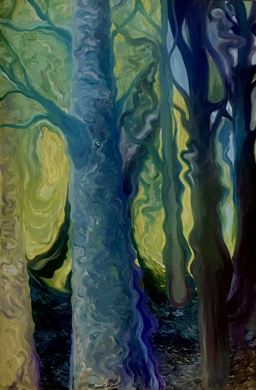 Into the woods, an oil painting by Shauna Crandall depicting the incredibly personal journey of spiritual expansion.