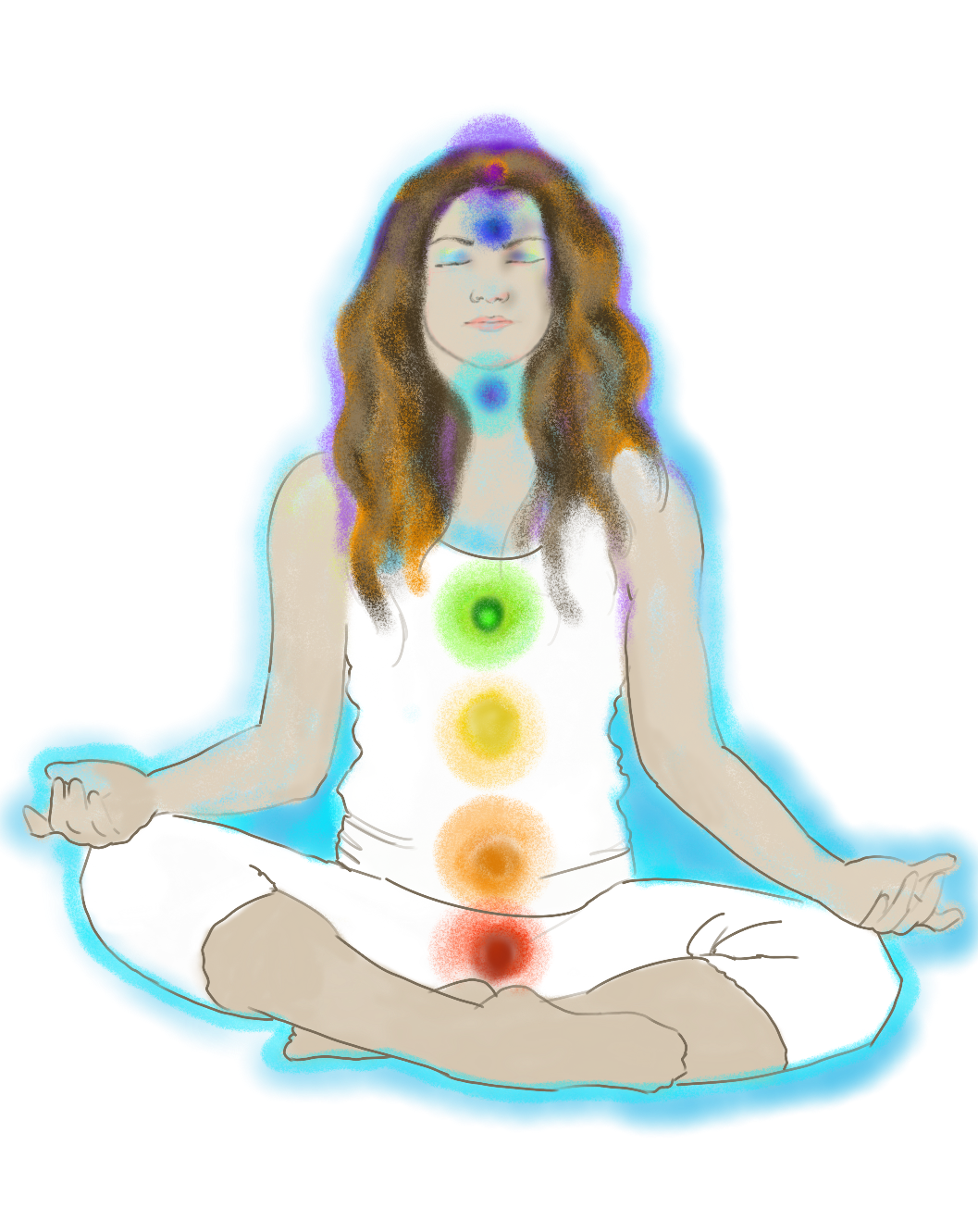 Woman meditating in a cross-legged pose with chakra points highlighted along her body, representing energy centers.