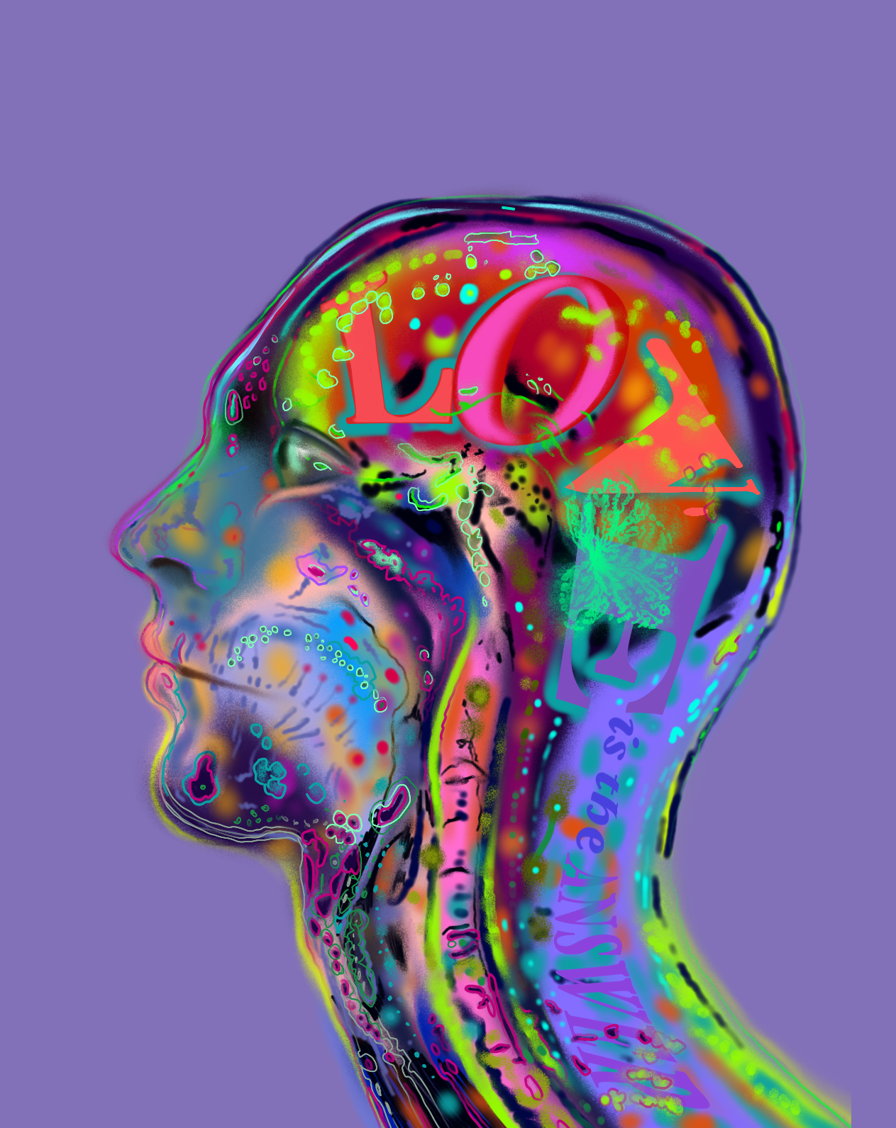 A colorful illustration of a side view of a man with the brain and other inner parts of his head representing the consciousness of LOVE