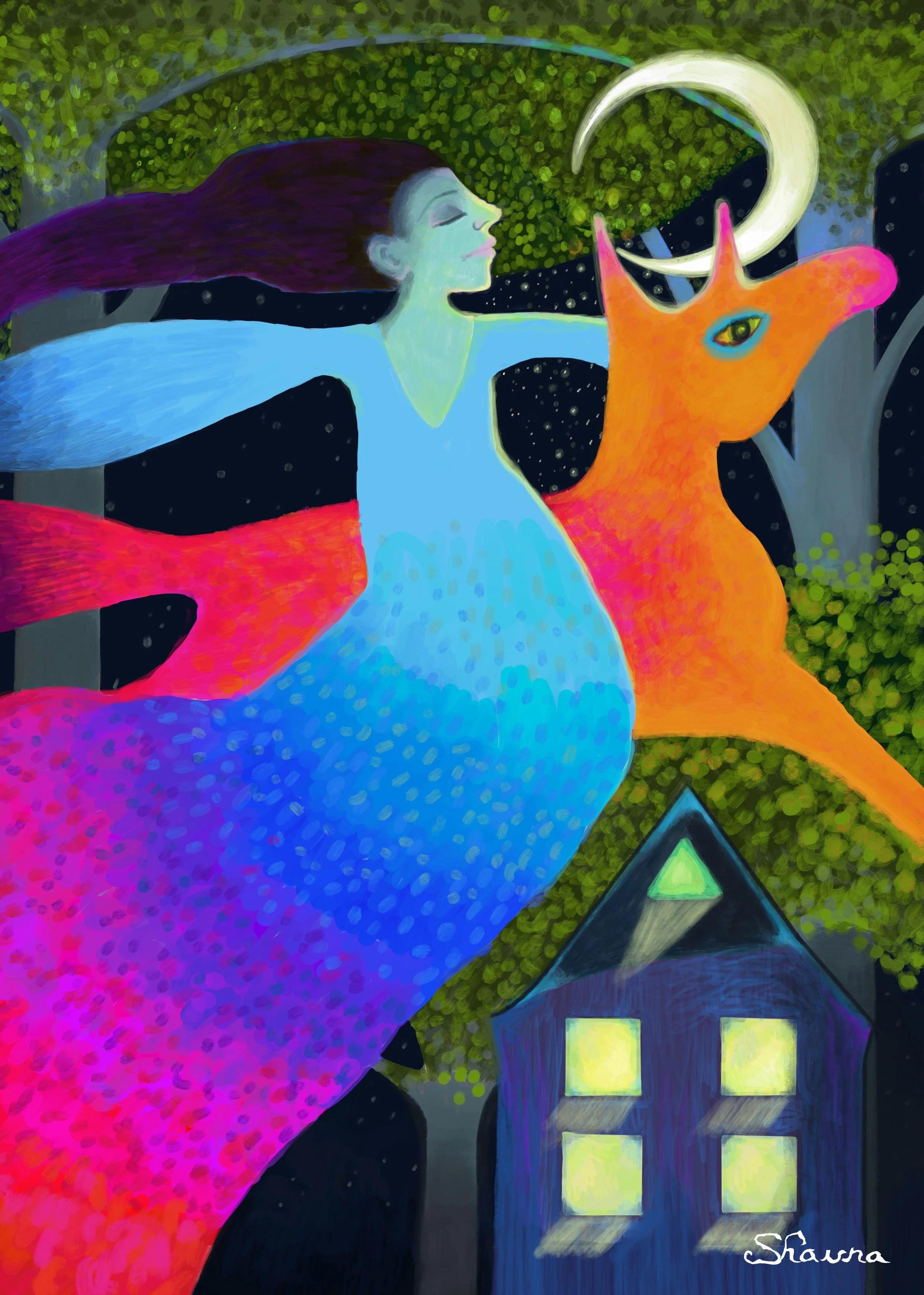 A surreal painting of a woman with long purple hair, closed eyes, and blue skin, standing outdoors at night. She has large, colorful wings, and a glowing yellow moon in the sky. A bright orange deer with a single eye and antlers is beside her. In the background, there are trees and a house with glowing windows. The painting is signed 'Shauna' in the bottom right corner.