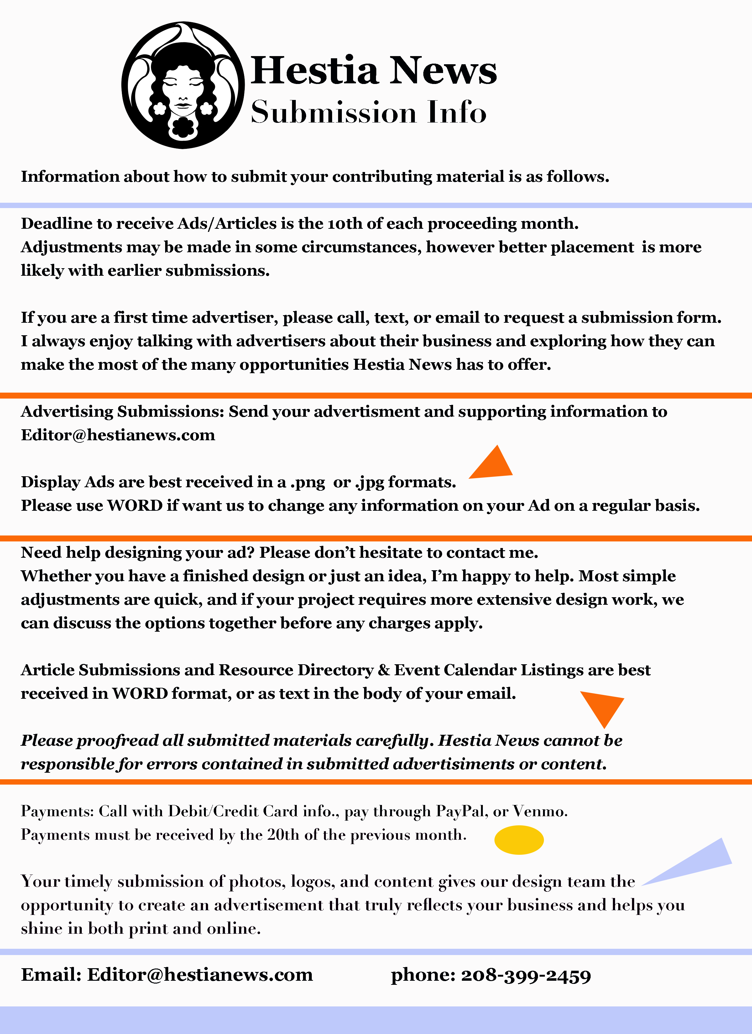 Hestia News submission info page with logo, instructions for advertising submissions, contact information including email and phone number, and decorative colored shapes.